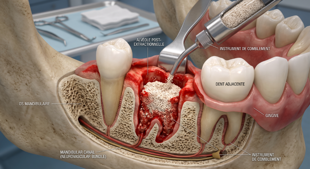 Ridge preservation graft being placed into a fresh extraction socket with bone substitute material, showing the mandibular bone, adjacent tooth, gingiva, and neurovascular bundle